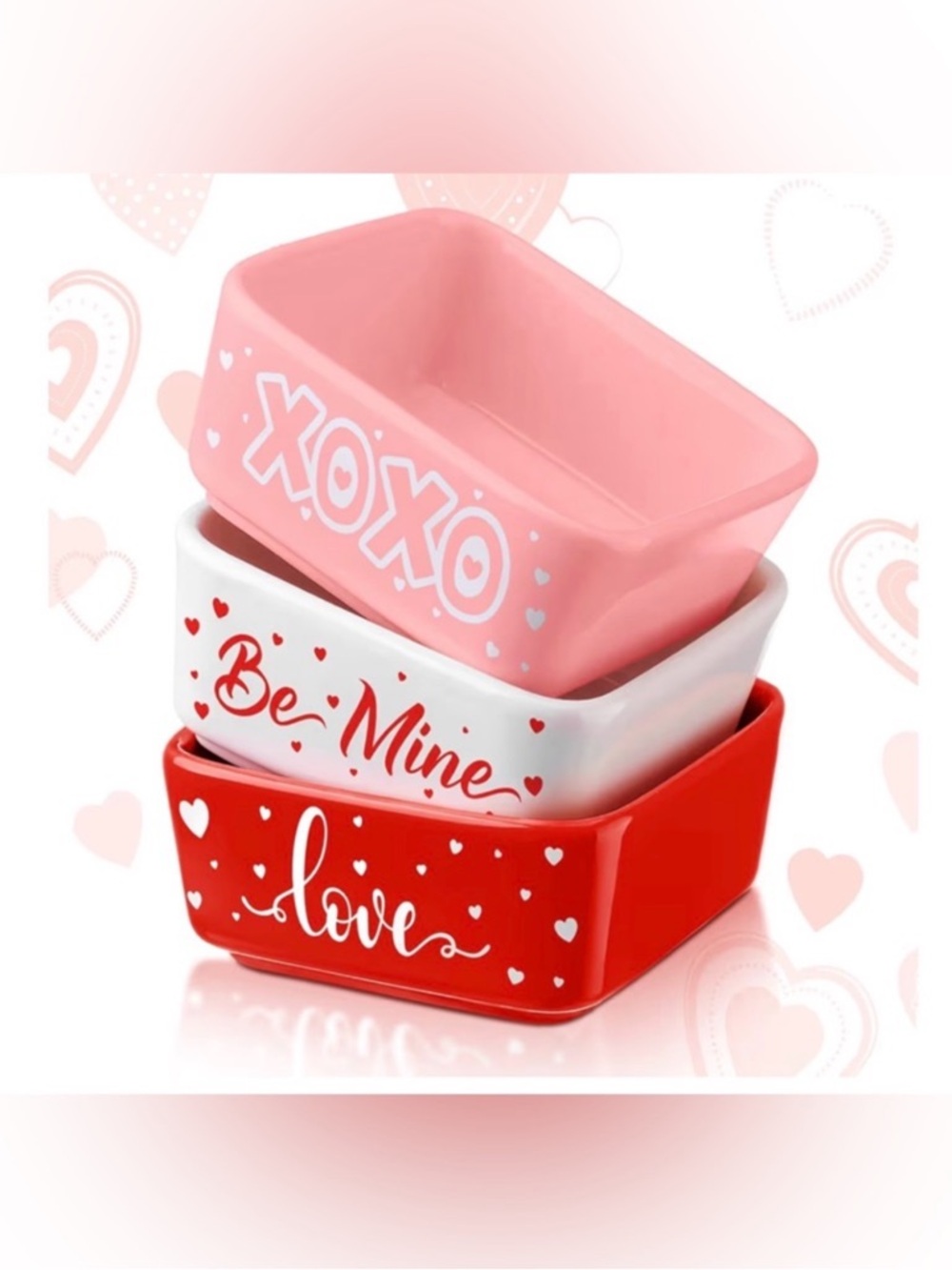 Valentine Ceramic Stackable Dishes - Pink, White, Red - Set of 3
